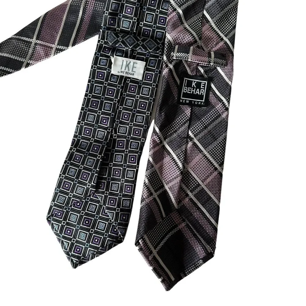 Lot of 2 IKE Behar Men Neckties Purple Plaid Striped Square Print Geometric Ties